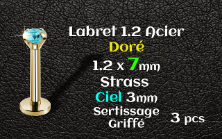Labret 1.2x7 Acier Dore strass 3mm ciel griffe serti - vissage interne