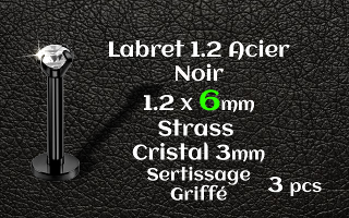 Labret 1.2x6 Acier Noir strass 3mm cristal griffe serti - vissage interne