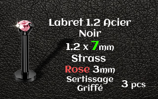 Labret 1.2x7 Acier Noir strass 3mm rose griffe serti - vissage interne