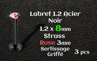Labret 1.2x8 Acier Noir strass 3mm rose griffe serti - vissage interne