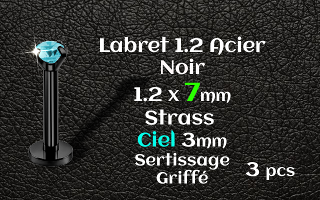 Labret 1.2x7 Acier Noir strass 3mm ciel griffe serti - vissage interne