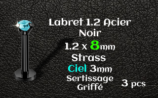 Labret 1.2x8 Acier Noir strass 3mm ciel griffe serti - vissage interne