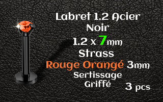 Labret 1.2x7 Acier Noir strass 3mm rouge orange griffe serti - vissage interne