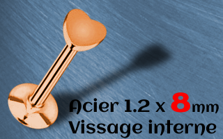 labret acier dore rose 1.2 x 8 coeur vissage interne.