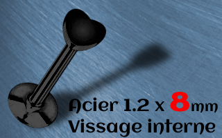 labret acier noir 1.2 x 8 coeur vissage interne.