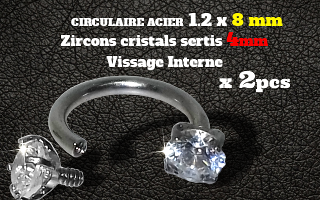 Circulaire Acier 1.2 x 8 double zircon serti 4 mm - vissage interne- lot de 2