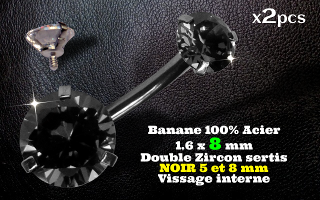 bananes Acier 1.6 x 8 mm - zircon Noir 5 et 8 mm sertissage acier - vissage interne