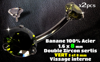 bananes Acier 1.6 x 8 mm - zircon Vert 5 et 8 mm sertissage acier - vissage interne
