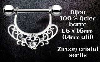 bijou téton 100 % acier. barre 1.6 x 16 mm (14 mm util). zircon cristal sertis