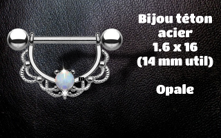 bijou téton 100 % acier. barre 1.6 x 14 mm util. opale griffee