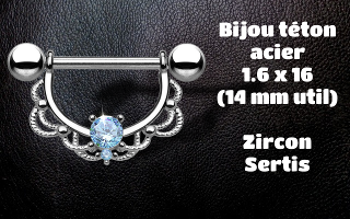 bijou téton 100 % acier. barre 1.6 x 14 mm util.dore zircon ciel griffe