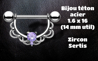 bijou téton 100 % acier. barre 1.6 x 14 mm util.dore zircon amethyste griffe