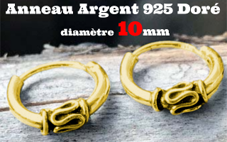 Anneau style Bali Argent 925 plaque Or - diametre 10 mm