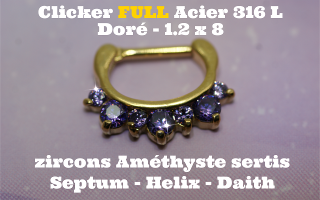 Clicker 100% acier 316L Doré 1.2 x 8 - zircons améthyste sertis pour septum, helix et daith
