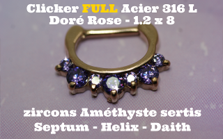 Clicker 100% acier 316L Doré Rose 1.2 x 8 - zircons améthyste sertis pour septum, helix et daith