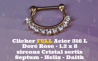 Clicker 100% acier 316L Doré Rose 1.2 x 8 - zircons cristal sertis pour septum, helix et daith