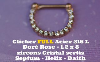 Clicker 100% acier 316L Doré Rose 1.2 x 8 - zircons cristal sertis pour septum, helix et daith