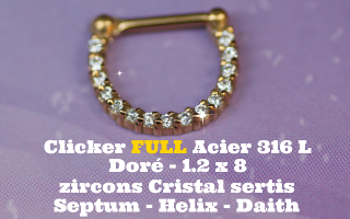 Clicker 100% acier 316L Doré 1.2 x 8 - zircons cristal sertis pour septum, helix et daith