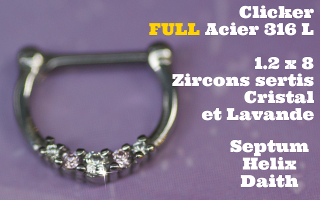 Clicker 100% acier 316L 1.2 x 8 - zircons cristal et lavande sertis pour septum, helix et daith