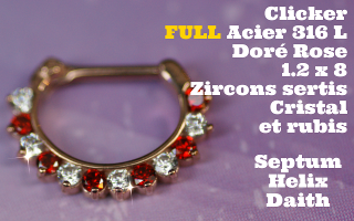 Clicker 100% acier 316L 1.2 x 8 Doré Rose - zircons cristal et rubis sertis pour septum, helix et daith