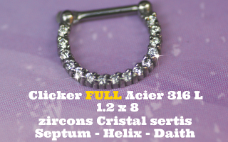 Clicker 100% acier 316L 1.2 x 8 - zircons cristal sertis pour septum, helix et daith