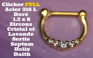 Clicker 100% acier 316L Dore 1.2 x 8 - zircons sertis cristal et lavande pour septum, helix et daith