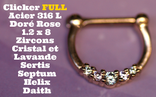 Clicker 100% acier 316L Dore Rose 1.2 x 8 - zircons sertis cristal et lavande pour septum, helix et daith