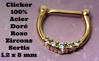 clicker Acier 100% doré rose - zircon sertis 1.2 x 8