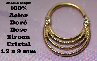 Anneau souple Acier 100% doré rose - zircon cristal - 1.2 x 9