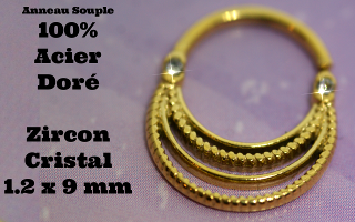 Anneau souple Acier 100% doré - zircon cristal - 1.2 x 9