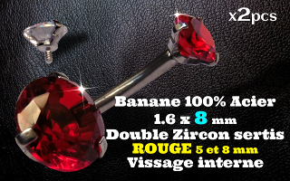 bananes Acier 1.6 x 8 mm - zircon Rouge 5 et 8 mm sertissage acier - vissage interne