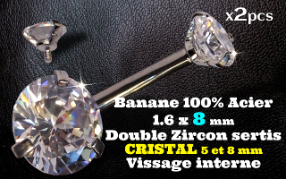 bananes Acier 1.6 x 8 mm - zircon cristal 5 et 8 mm sertissage acier - vissage interne
