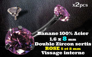 bananes Acier 1.6 x 8 mm - zircon Rose 5 et 8 mm sertissage acier - vissage interne