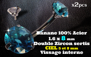 bananes Acier 1.6 x 8 mm - zircon Ciel 5 et 8 mm sertissage acier - vissage interne