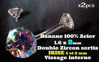 bananes Acier 1.6 x 8 mm - zircon Irise 5 et 8 mm sertissage acier - vissage interne