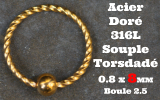 Anneau souple acier torsade Dore 316L - ouverture main - 0.8 x 8 mm