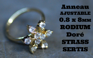 Anneau fantaisie ajustable 0.8 x 8 Rodium Dore - Strass sertis