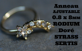 Anneau fantaisie ajustable 0.8 x 8 Rodium Dore - Strass sertis