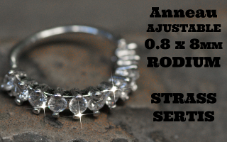 Anneau fantaisie ajustable 0.8 x 8 Rodium - Strass sertis