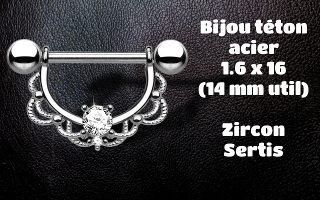 bijou téton 100 % acier. barre 1.6 x 14 mm util. zircon cristal griffe.