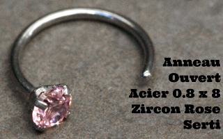 Anneau ouvert 0.8 x 8 zircon 3 mm serti rose - pour nez
