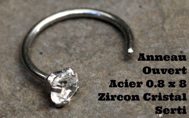 Anneau ouvert 0.8 x 8 zircon 3 mm serti cristal - pour nez
