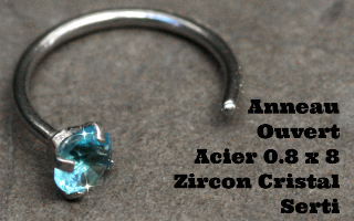 Anneau ouvert 0.8 x 8 zircon 3 mm serti ciel pour nez