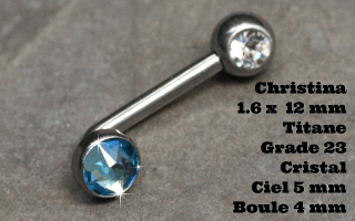 Banane coudee christina 1.6 x 12 titane gr23 - cristal ciel 5 mm - boule cristal 4 mm