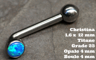 Banane coudee christina 1.6 x 12 titane gr23 - opale 4 mm - boule 4 mm