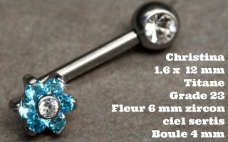 Banane coudee christina 1.6 x 12 titane gr23 - fleur 6 mm cristal 1.5 mm sertis ciel - boule 4 mm