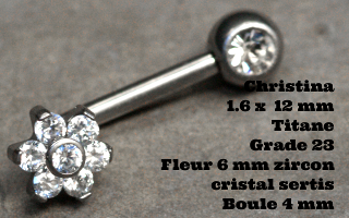 Banane coudee christina 1.6 x 12 titane gr23 - fleur 6 mm cristal 1.5 mm sertis - boule 4 mm
