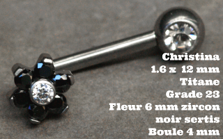 Banane coudee christina 1.6 x 12 titane gr23 - fleur 6 mm cristal 1.5 mm sertis noir - boule 4 mm