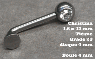 Banane coudee christina 1.6 x 12 titane gr23 - disque 4 mm - boule 4 mm