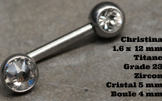 Banane coudee christina 1.6 x 12 titane gr23 - cristal 4 mm - boule cristal 4 mm